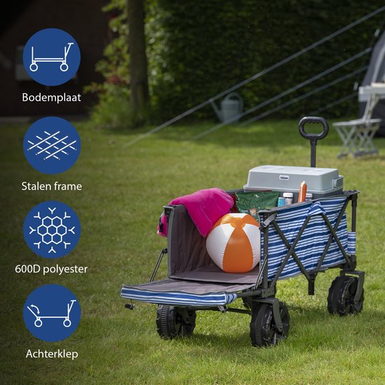Tristar Bolderkar met laadklep 70kg draagvermogen - 94x49x58 cm - Opvouwbare Bolderwagen strand, festival, camping, tuin, dagje uit - Stevig Harmonicaframe - Beach Trolley, Strandkar, Transportkar, Trekwagen - Inclusief Opbergtas - HC-0422 - Blauw