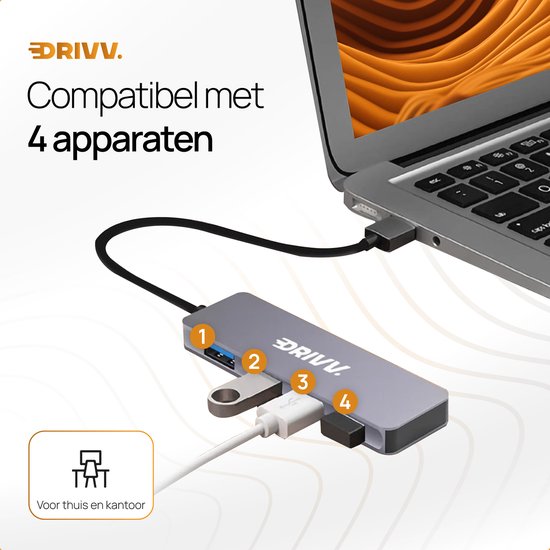 Drivv. USB Splitter 4 poorten - USB 3.0A - USB Hub 3.0 - Aluminium Behuizing - Grijs