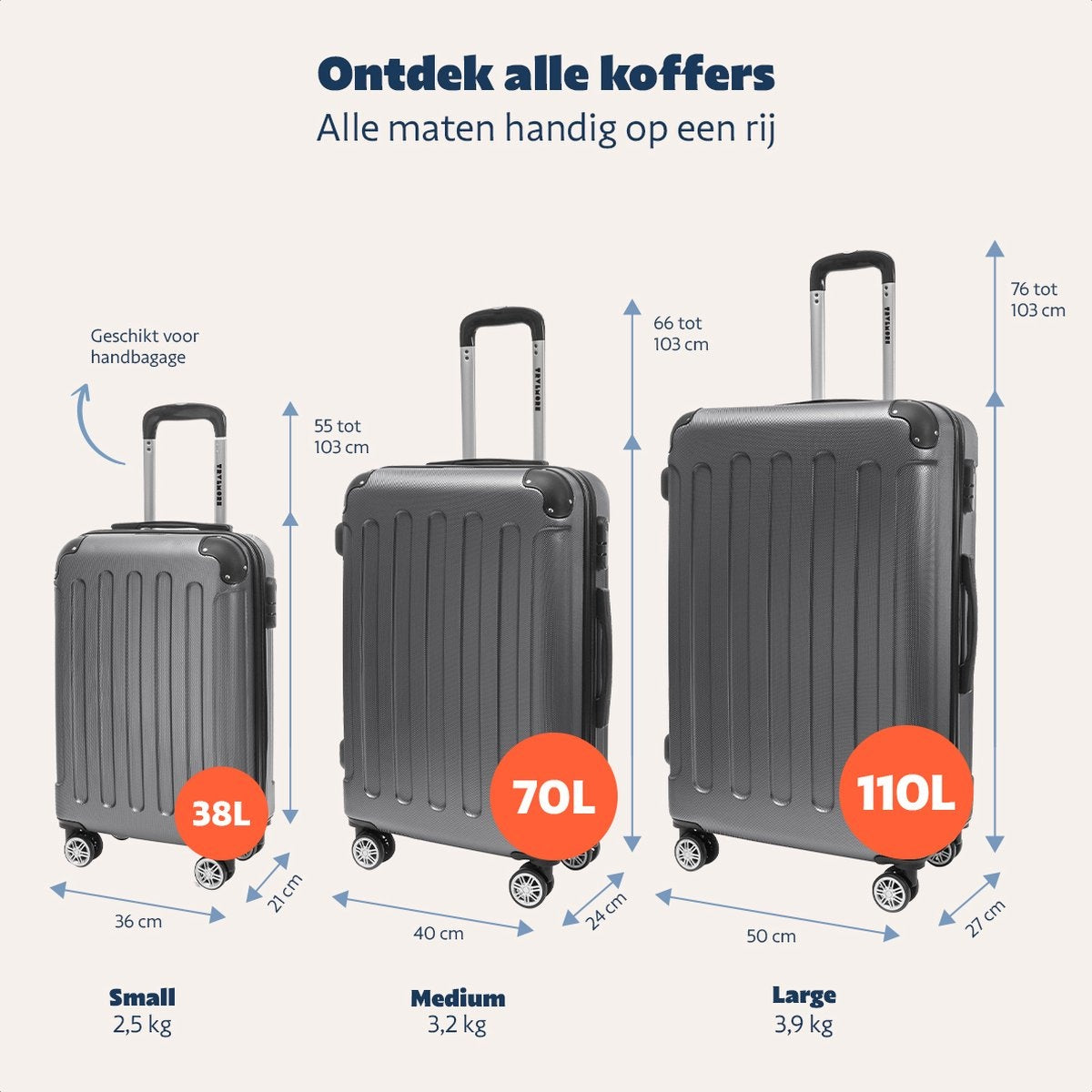 TRVLMORE Kofferset - 3 Delig - Complete Set - 38L Handbagage + 70L en 110L Ruimbagage - Donkergrijs
