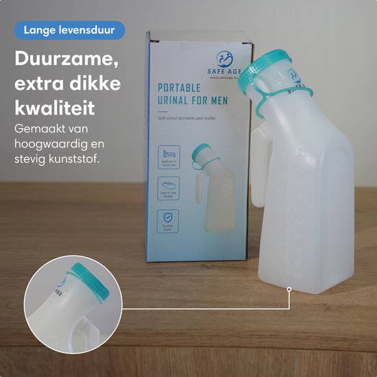 Safe Life Urinoir Voor Mannen – Voorzien Van Fluorescerende Schroefdop En Ergonomische Handgreep En Brede Opening – Voor Thuis En Onderweg – Transparant En Wit Plastic – Eén Liter