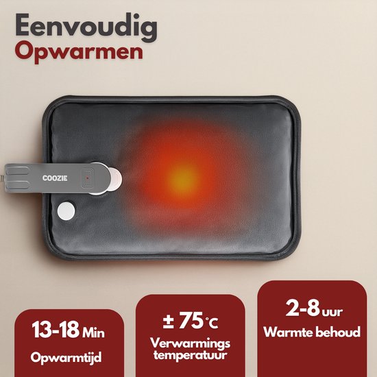 Coozie Elektrische Kruik XL – 1,65L – met ThermoSoft Hoes van Pluche – Verwarmende Zachte Warmwaterkruik – Warmtekruik – Antracietgrijs