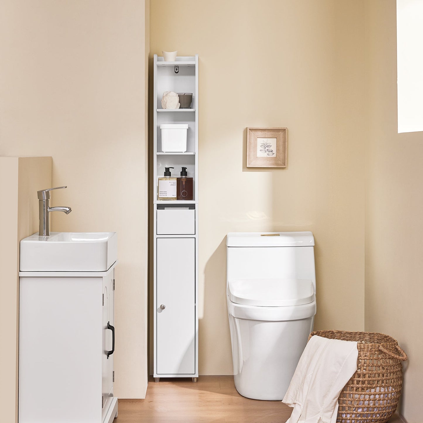 SoBuy BZR34-K-W Smalle Badkamerkast met Lade en Deur – Wit – 20 x 20 x 145 cm