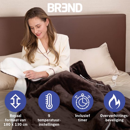 BREND BR-2219 Elektrische Deken met 9 Temperatuurinstellingen – Flanel Fleece Deken - Warme Plaid voor Bank en Bed – 180 x 130 cm - Bruin/Wit
