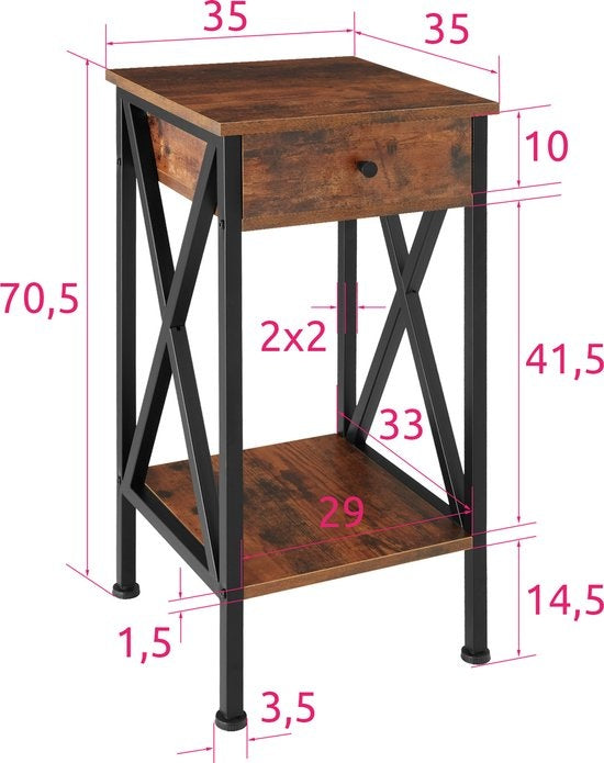 tectake® - Bijzettafel Dayton - industrieel - donkerbruin - 35 x 35 x 70,5 cm - 404451