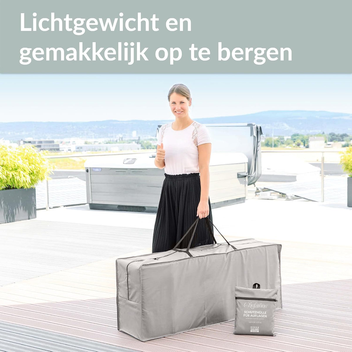 Chefarone Opbergtas voor Tuinkussens - Waterafstotend - 125 x 50 x 32 cm - 420D Polyester - Lichtgrijs
