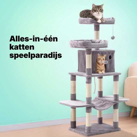 Jake en Jacky Krabpaal voor Katten - Kattenkrabpaal - Krabmeubel - Kattenboom - Krabpalen - Kattenhuis - Lichtgrijs - 147 cm Hoog