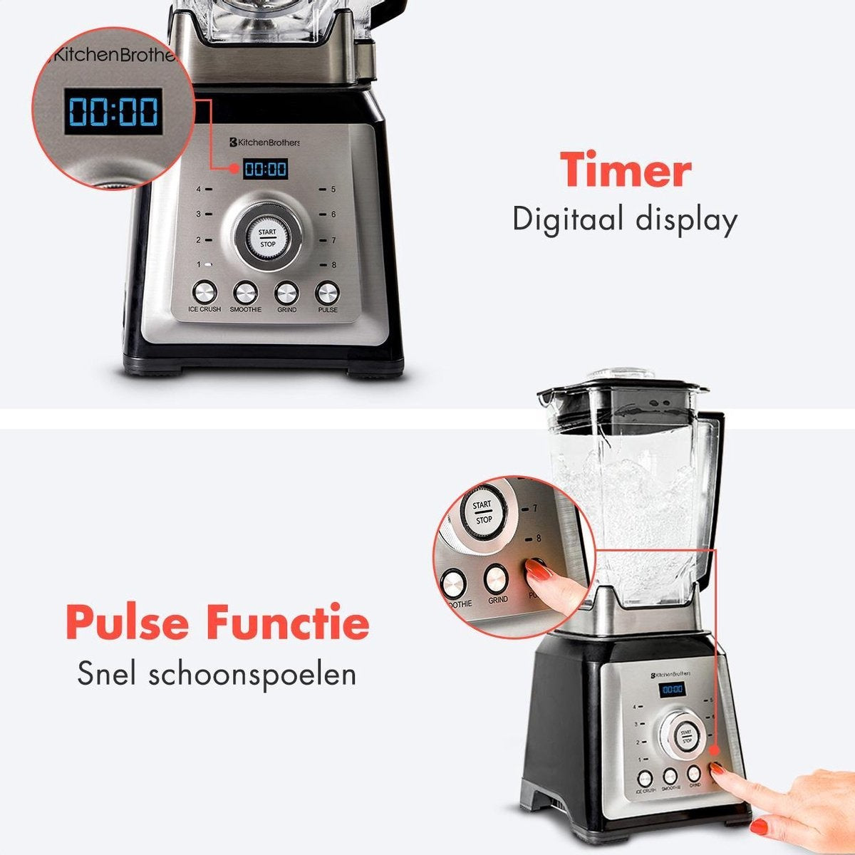 KitchenBrothers - Power Blender - 2000W - 2L - 8 standen/4 snelheden - Roestvrij staal