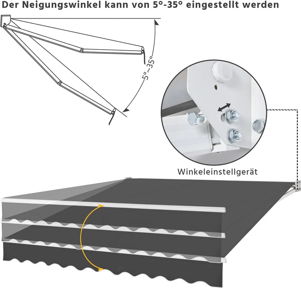 Yaheetech Knikarmscherm 300 × 250 cm – Donkergrijs – Handmatig Zonnescherm met Zwengel en Verstelbare Hoek 5–35°