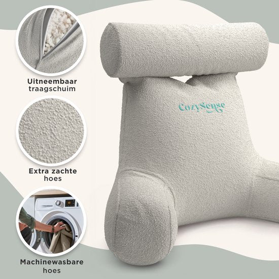 CozySense® Leeskussen voor in Bed - Ergonomisch Zitkussen - Boekkussen - Groot Relax Kussen - Verstelbare Vulling - Afneembare Hoes - CertiPUR® - Beige