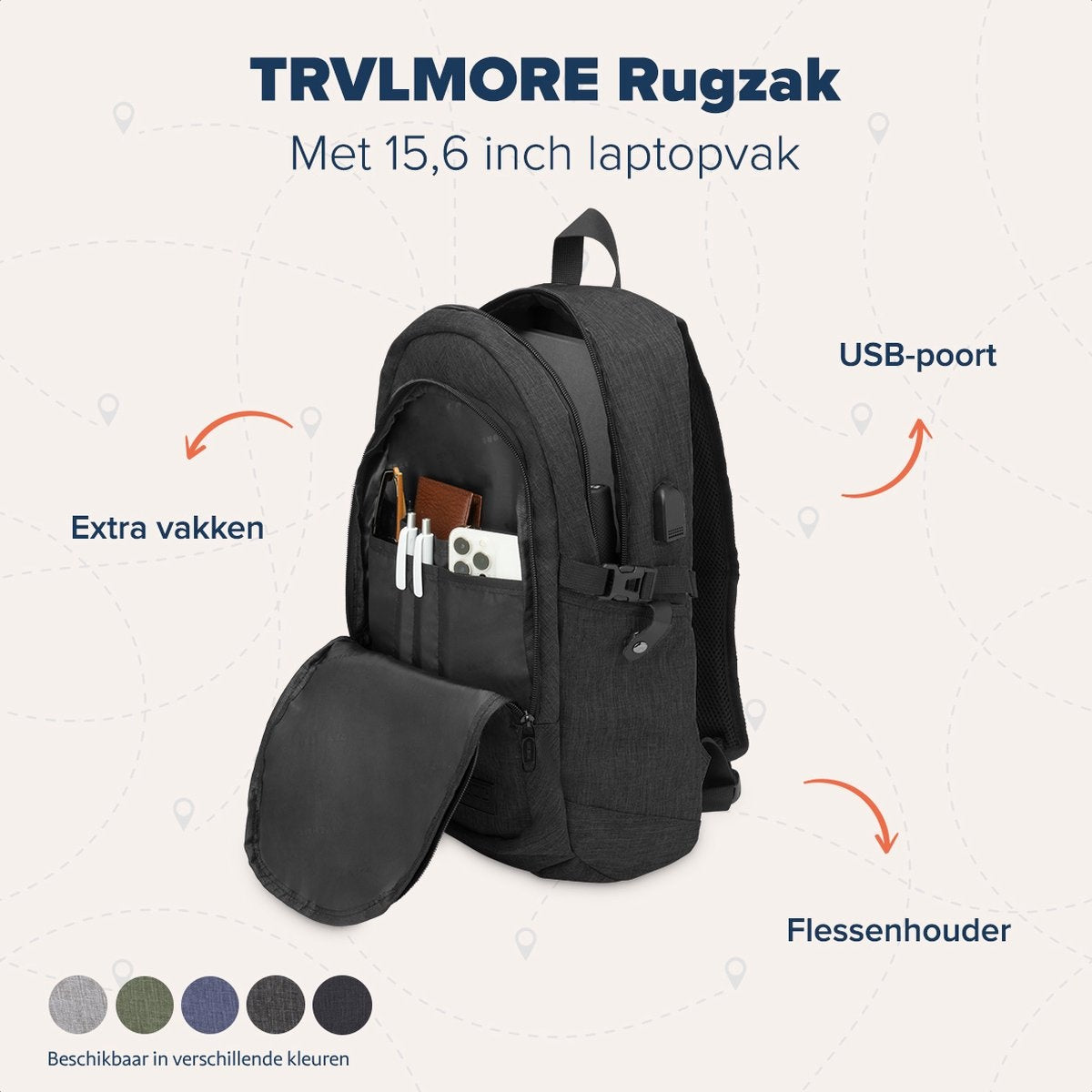 TRVLMORE Rugzak - 25L - 15,6 inch - Laptop Rugtas - Schooltas - Unisex - Spatwaterdicht Antraciet