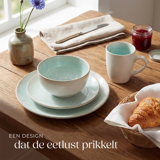 tectake® Serviesset Mare - 30-delig - Aardewerk met Glanzend Glazuur - 6 Persoons - Handgemaakt Servies - Moderne Bordenset met Grote en Kleine Borden, Kommen, Schaaltjes en Kopjes - Vaatwasser- en Magnetronbestendig - Munt