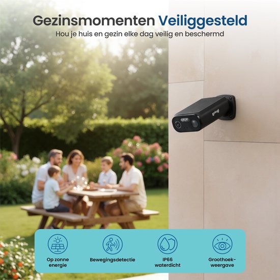 Gologi Solar Premium Beveiligingscamera voor buiten - 10.400 mAh - 2.5K - Nightvision - Bewegingsdetectie - Bewakingscamera - Zonnepaneel - Draadloos - USB-C - WiFi en App - Zwart