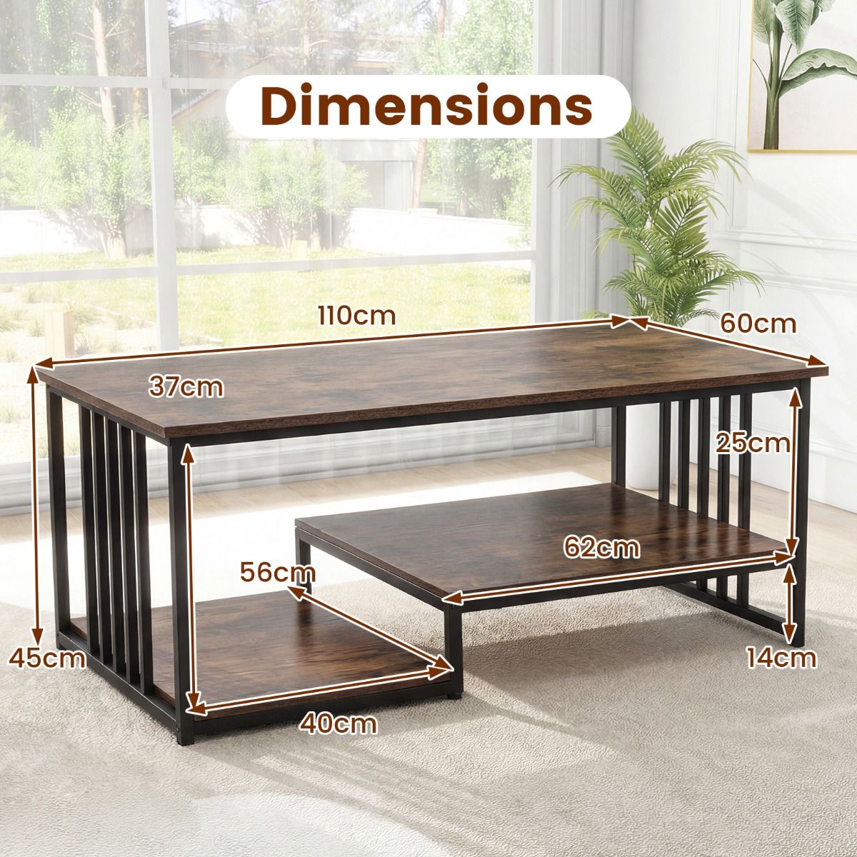 Coast Salontafel - rechthoekig - 2 legvlakken - rustiek bruin/zwart - 110 x 60 x 45 cm