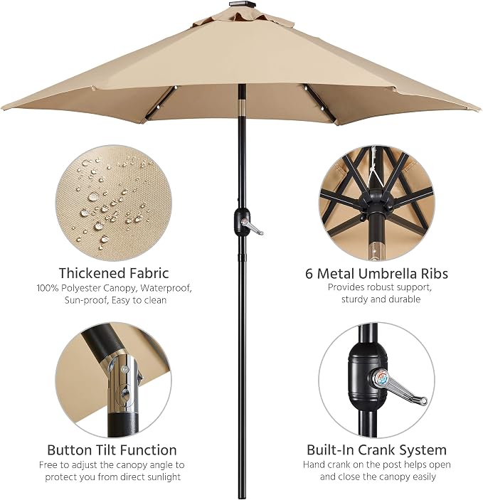 Yaheetech Solar Parasol Ø 230 cm met Vulbare Voet - Beige - Tuinparasol met 18 LED-lampjes, Slinger en Kantelfunctie