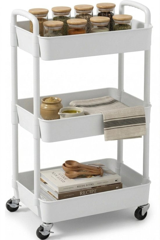 Posity Keukentrolley op wieltjes – Serveerwagen / Opbergtrolley / Keukenrek / Trolley Keuken – Verrijdbaar en Vast – 3 Lagen – Kunststof – Wit