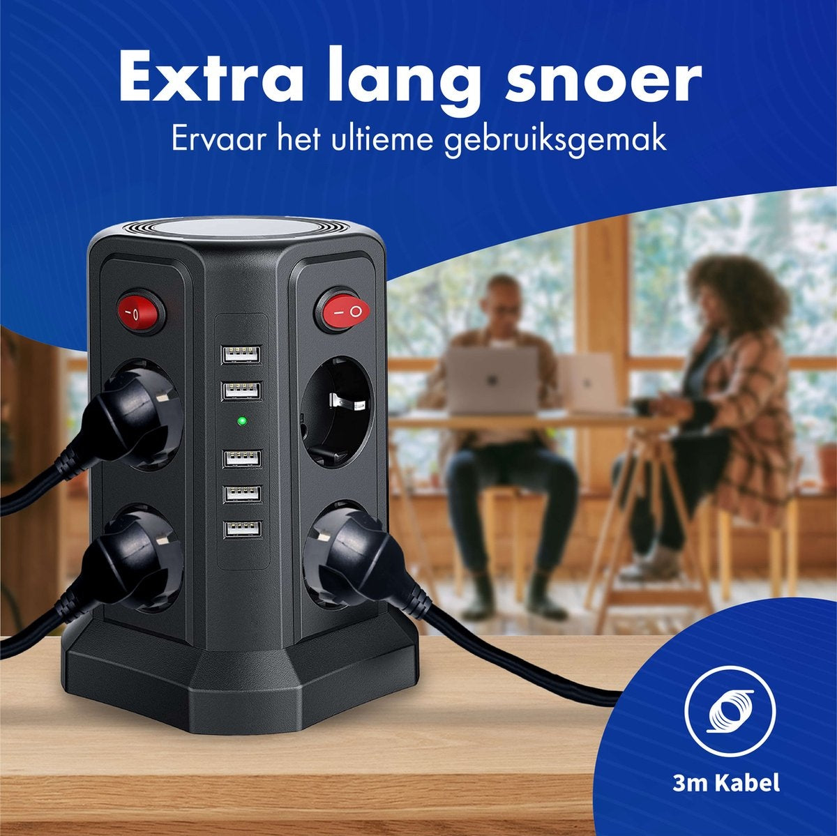 Stekkerdoos met Schakelaar en USB - Energiebesparende Aan/Uit Knoppen - Stekkerblok - Verdeelstekker - Powercube - Zwart - 3 Meter Kabel