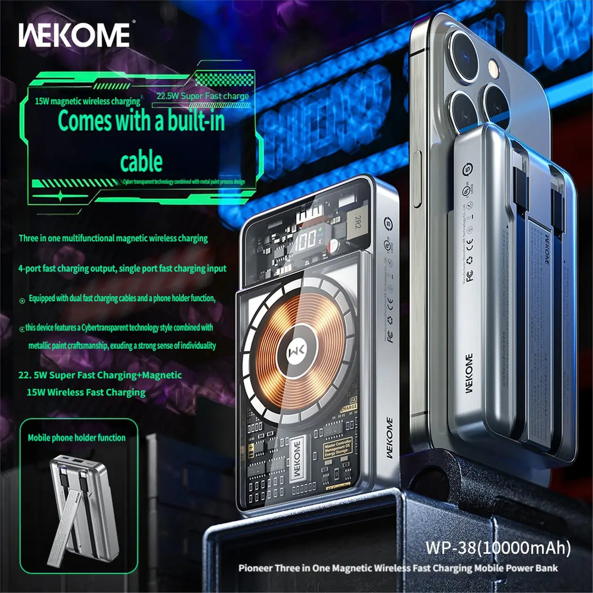WEKOME Pioneer 10,000 mAh Magnetic Three-in-One Mobile Power Bank WP-38 Suitable for Apple, Huawei, Samsung, and Xiaomi Phones