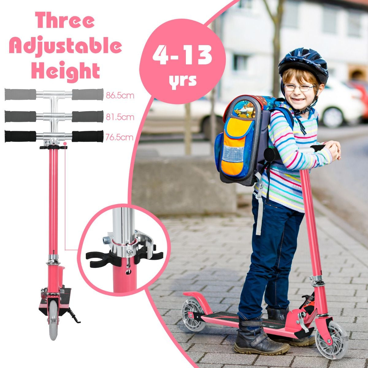 Coast Opvouwbare Kinderstep - LED Verlichte Wielen - Hoogte Verstelbaar 63-86,5cm - Roze