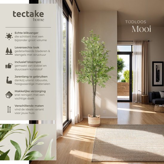 tectake® Kunstmatige Olijfboom Oleand – Mediterrane Kunstplant met Realistische Bladeren en Olijven – Onderhoudsvriendelijk en Veelzijdig – Inclusief Stevige Bloempot – Hoogte: 180 cm