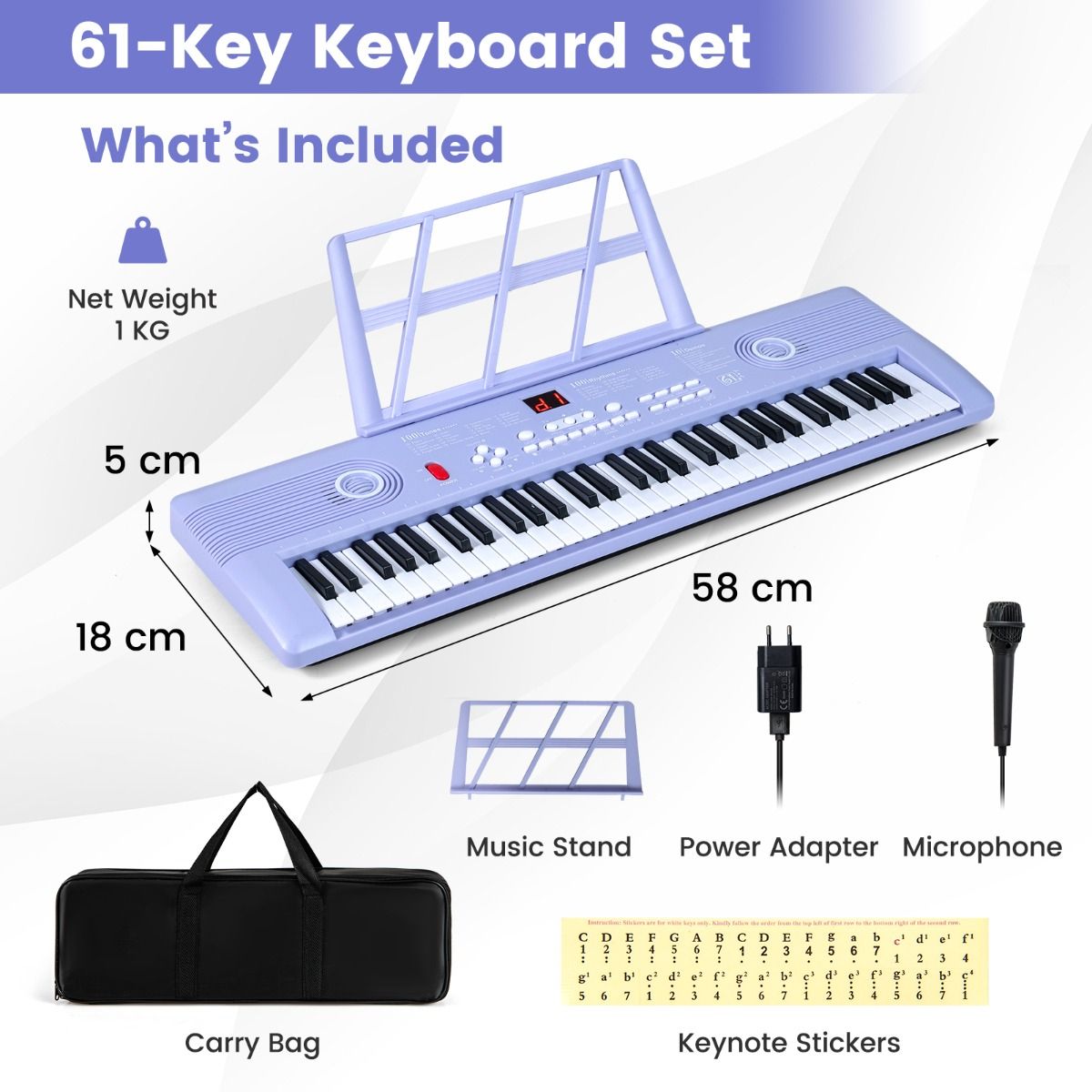 Coast Keyboardpiano 61 Toetsen - Inclusief Standaard, Microfoon en Draagtas - Paars