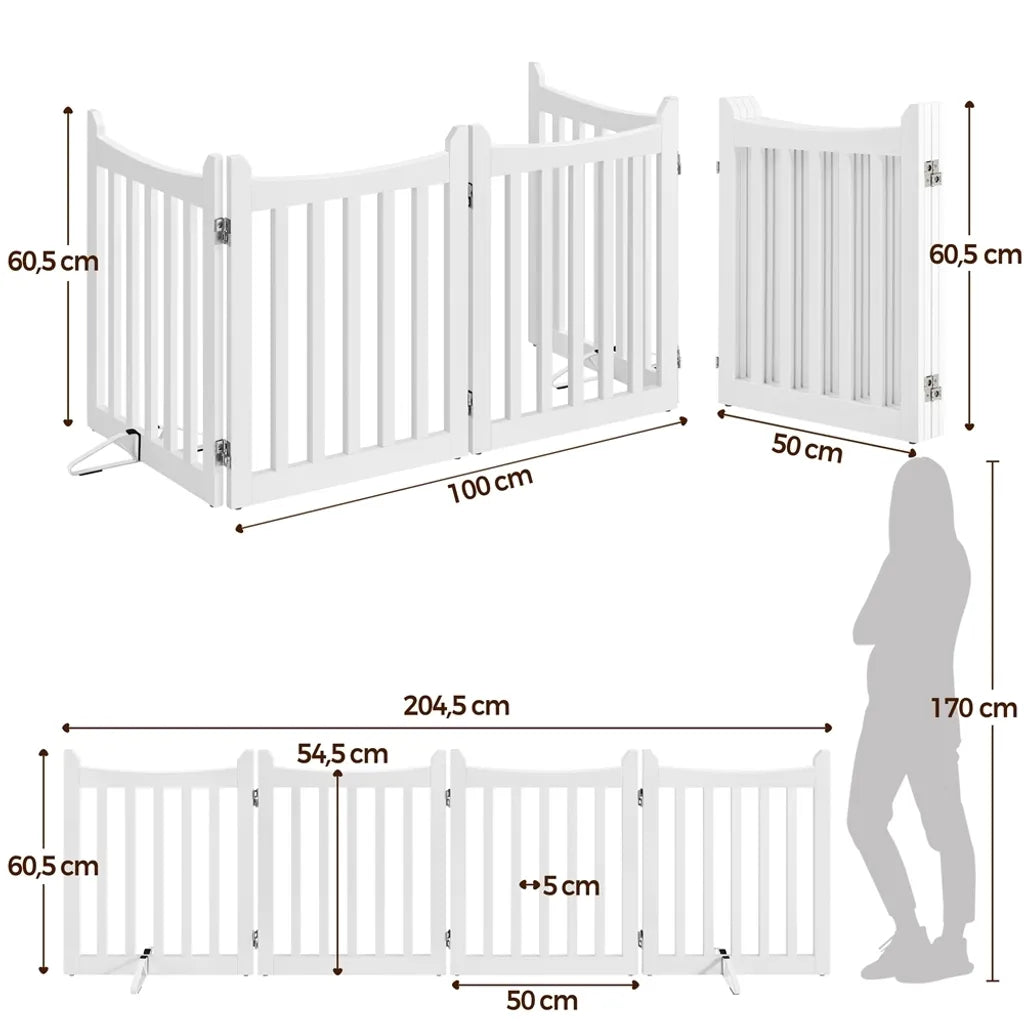 Yaheetech Hondenhek Opvouwbaar 204,5 x 60,5 cm - Wit - Houten Veiligheidshek met 4 Panelen
