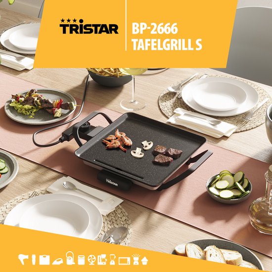 Tristar Bakplaat - BP-2666 - Gourmet, Grillplaat S 28x28cm - 2 personen- 800 W - Instelbare thermostaat - Camping geschikt