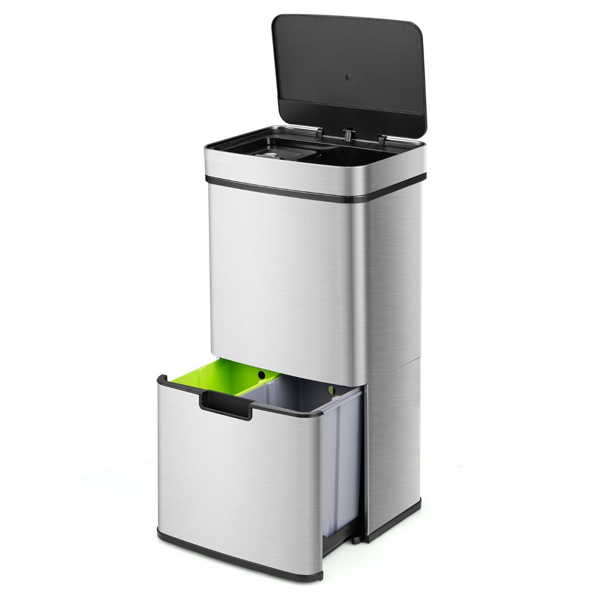 Coast 72 L Vuilnisemmer met Sensor – 4 Vakken, Zilver, 42 x 32-58 x 84-110 cm, Elektrische Afvalemmer met Zachte Sluiting voor Keuken en Kantoor