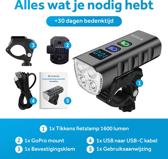 Tikkens LED Fietsverlichting 1600 Lumen - Fietslamp USB Oplaadbaar - Fietsverlichting met Powerbank - Voorlicht MTB & Racefiets Verlichting - Waterdicht Fietslicht