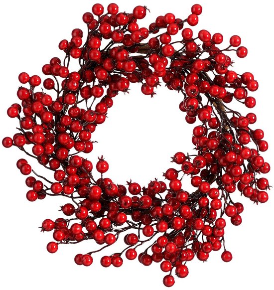 Mica Decorations Kerstkrans met Rode Besjes - Kerstversiering voor Kerst - Deurkrans voor Binnen - Feestelijke Kerstdecoratie van Foam - Diameter 40 x Hoogte 10 cm - Rood