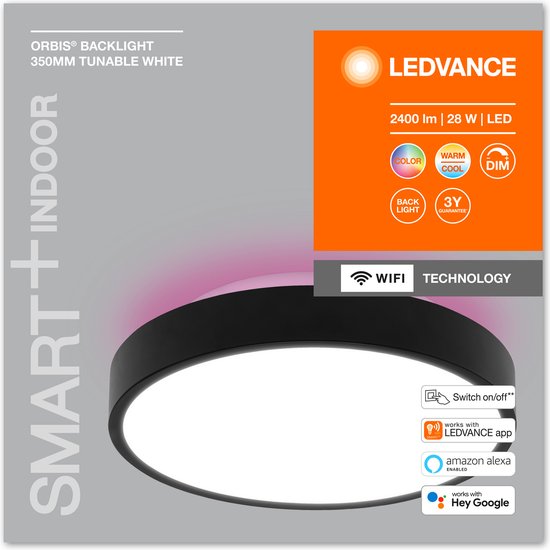 LEDVANCE Armatuur: voor plafond, DECORATIVE CEILING BACKLIGHT WITH WIFI TECHNOLOGY / 28 W, 22-…24- V, stralingshoek: 11-, RGBTW, 3-65- K, body materiaal: metaal, IP2-