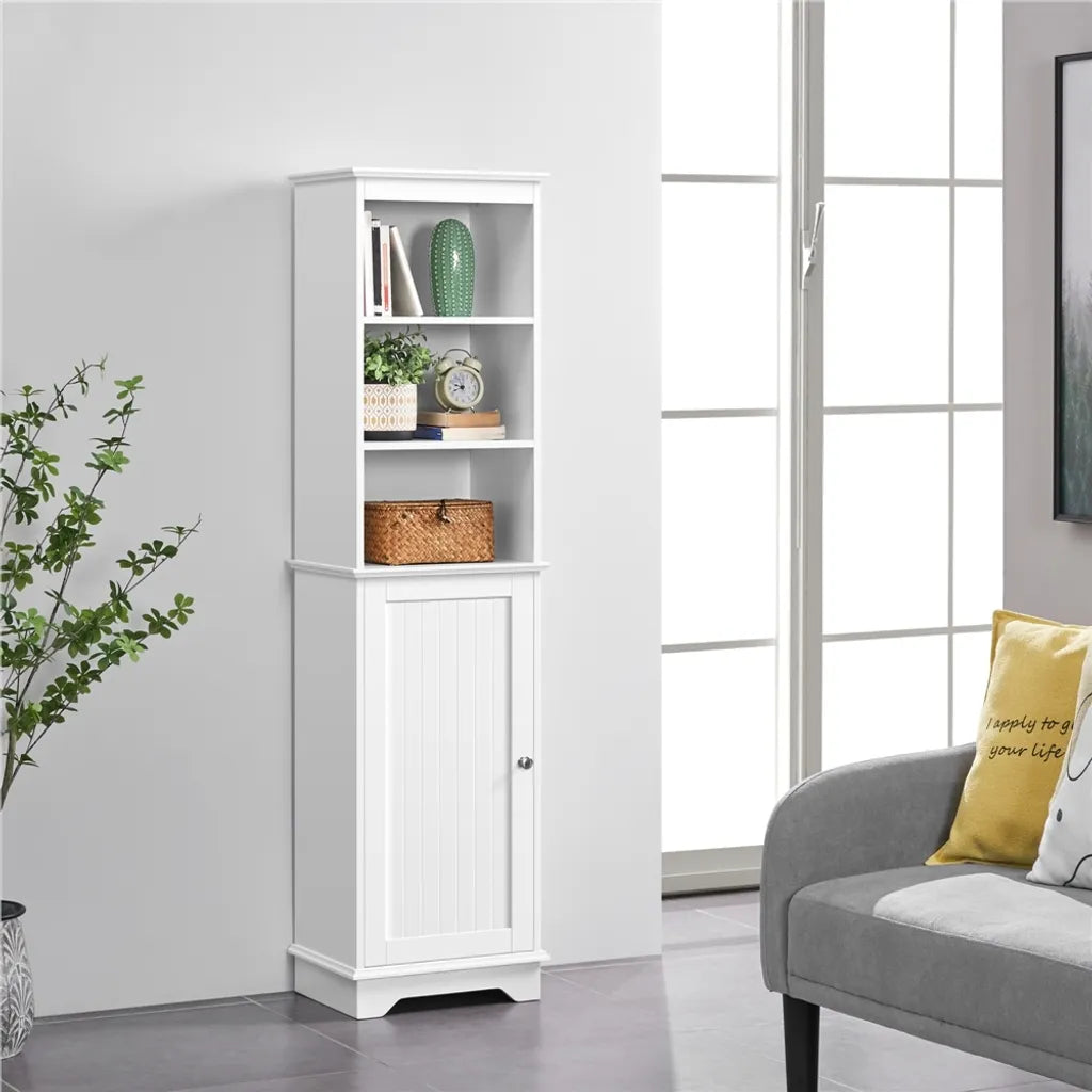 Yaheetech Badkamerkast 40 x 30 x 153 cm - Wit - Hoge Opbergkast met 3 Open Planken en Verstelbare Legplank