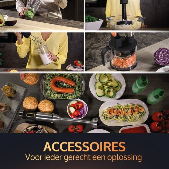JAP Appliances ForceBlend F3 - 7in1 Staafmixer set (1500W) - Inclusief foodprocessor, maatbeker, spiraalsnijder, garde en klopper - Voor soep, vlees, smoothies en baby hapjes - Zwart/RVS