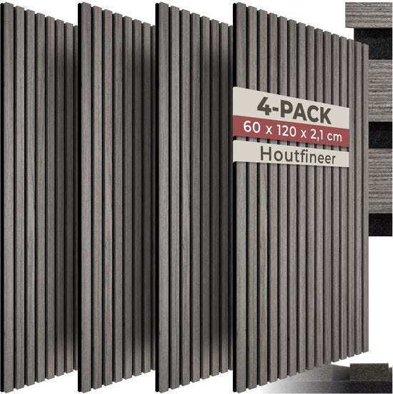 tectake® Akoestische Panelen - Set van 4 - Akoestisch Wandpaneel - 60 x 120 cm - 2,88 m² - Wandpanelen met Aanpasbare Grootte - Lattenwand van MDF en Houtfineer - Geluidsisolatie - Stijlvolle Wanddecoratie - Eenvoudige Montage - Eiken Lichtgrijs