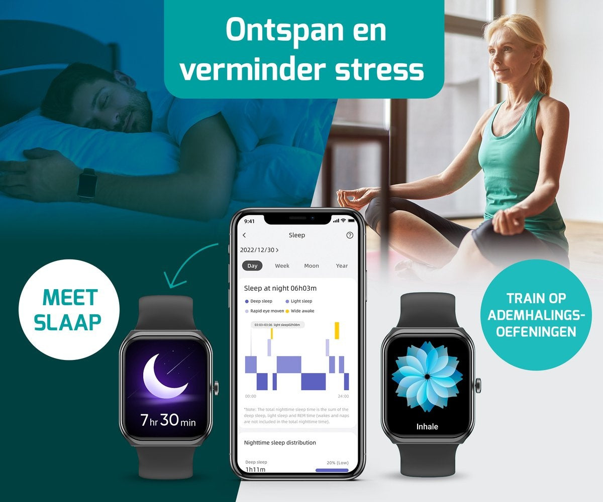 FITAGE Smartwatch - Smartwatches - Stappenteller - Sporthorloge - Smart watch - Activity Tracker - Dames en Heren - Zwart