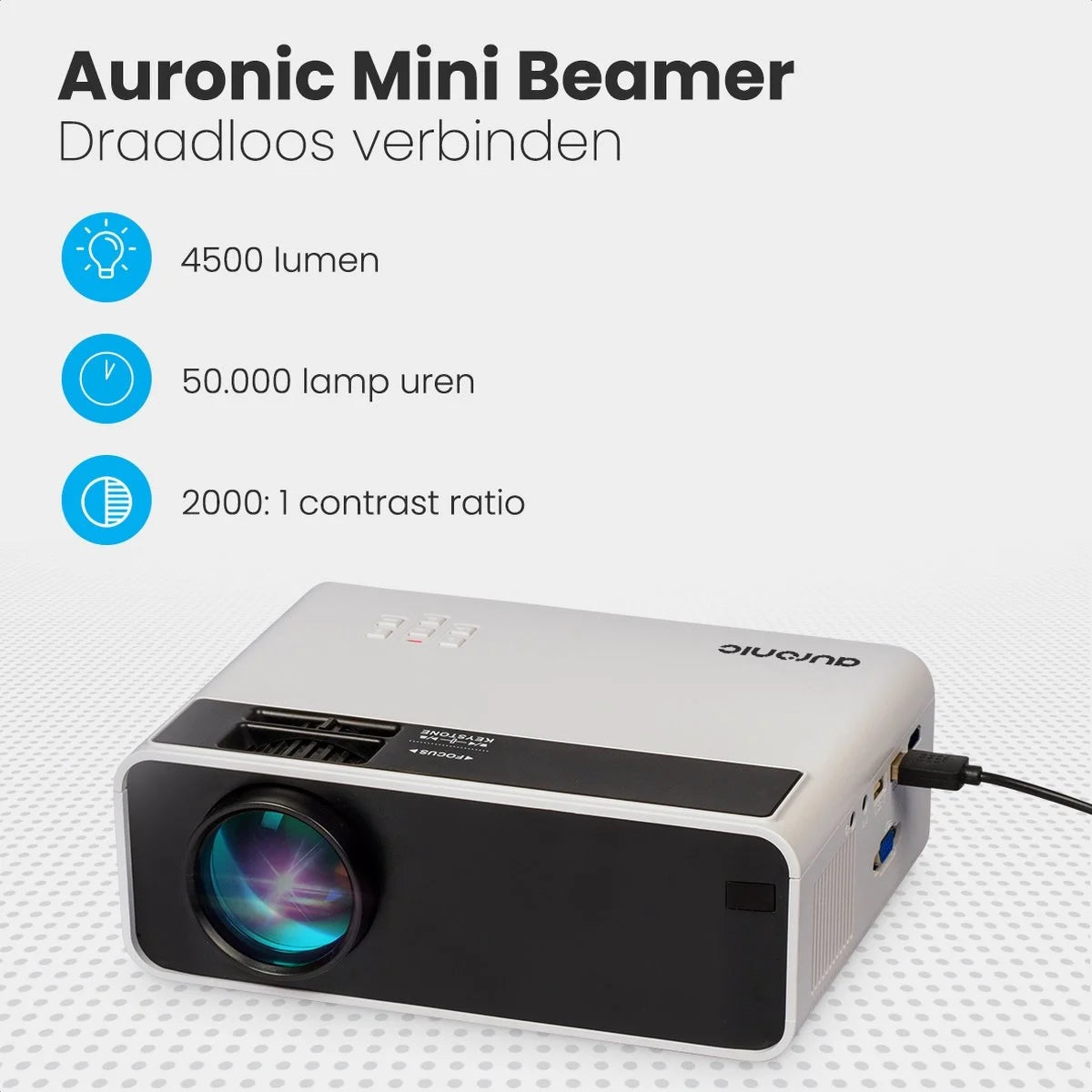 Auronic Mini Beamer - 4500 Lumen - WiFi - 200 inch Projector - HD Ready - HDMI-kabel, Afstandsbediening en Draagtas - Wit