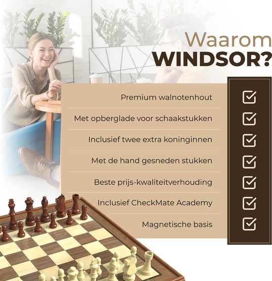 Windsor Luxe Schaakbord - met Schaakstukken - 35 cm - Annotaties - Schaakset - Magnetisch Schaakspel - Chess Set - Hout
