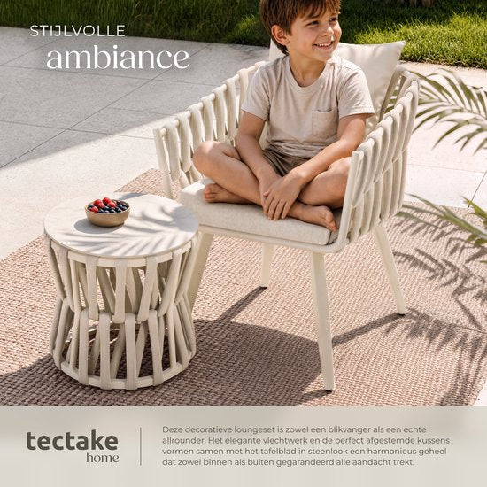 tectake® Tuinset Lugano - Tuinstoel - Loungestoel met Bijzettafel - Buitenstoel in Rope-Design met Aluminium Frame - Buiten Fauteuil met Dikke Kussens - Loungeset voor Tuin of Balkon - Terrasstoel - UV- en Weerbestendig - Beige
