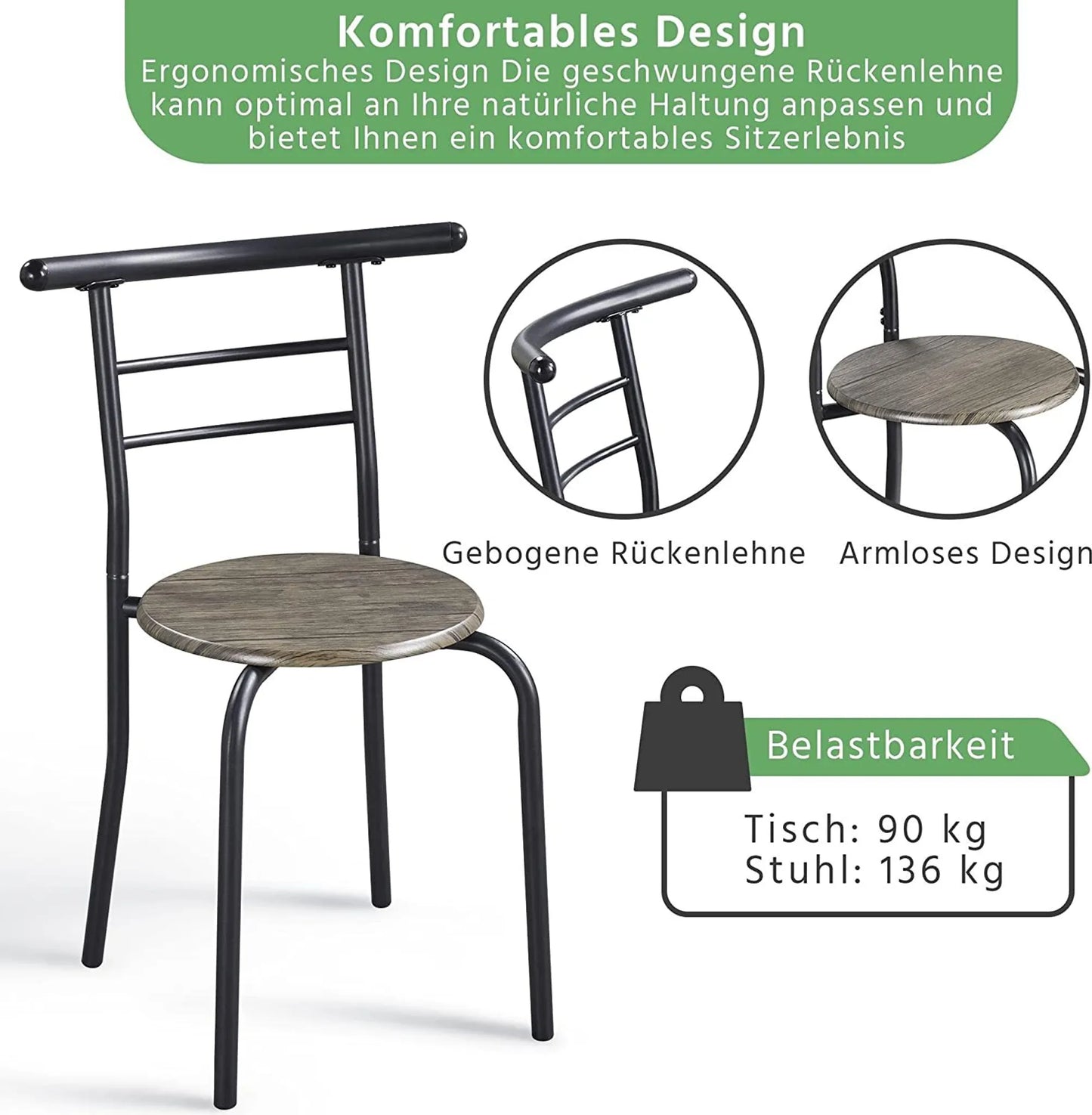 Yaheetech Eethoek Set Van 3 – Voorzien Van Tafel Met 2 Stoelen En Verstelbare Opbergplank En Waterafstotende Coating – Voor Keuken En Eetkamer – Drijfhoutbruin Metaal En MDF – 80 x 53 x 73,5 cm