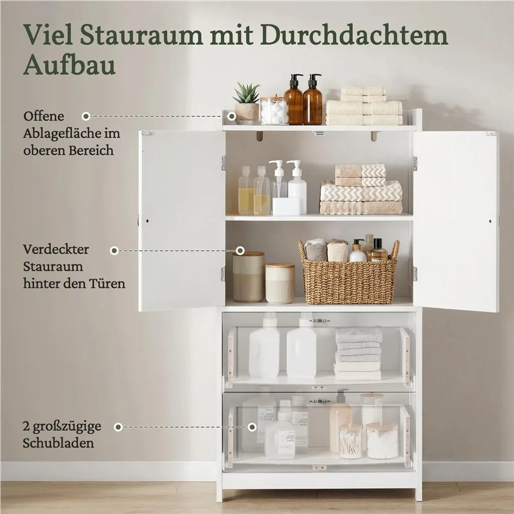 Yaheetech Badkamerkast met 2 Deuren en 2 Lades, 60x30x115 cm, Wit
