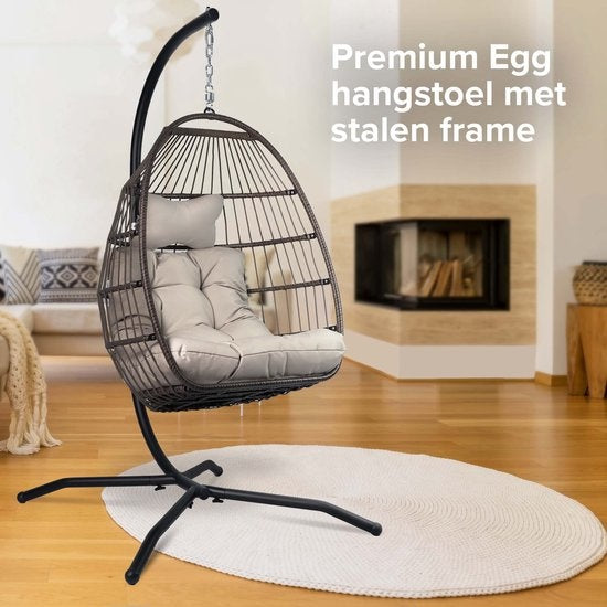 Vita5 Egg Hangstoel – Met Standaard – Binnen en Buiten – Cocoon Stoel - Opvouwbaar - Tot 150kg – Incl. Kussen – Lichtgrijs