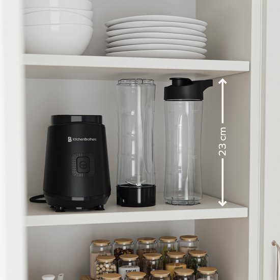 KitchenBrothers Mini Blender - Blender to Go - Smoothie Maker - 2 To-Go Bekers 600 ml - Zwart