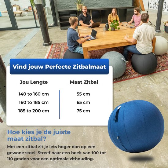 Backerz Zitbal 55 CM - Zitballen met Hoes Linnen - Ergonomische Bureaustoel Kantoor en Thuis - Luxe Yoga Bal - Donkerblauw