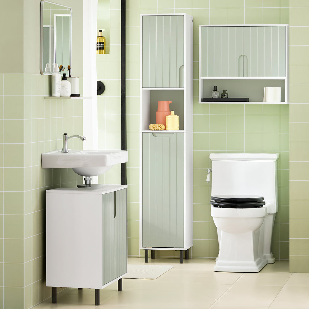 SoBuy Hoge Meerlaagse Badkamerkast BZR137-GR - Uitklapbare Wasmand - 31 x 30 x 167 cm - Groen met Wit