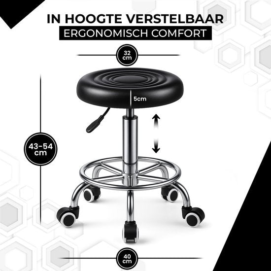 Bayt Zadelkruk - Zadelstoel Rond - Kapperskruk - Zadelkruk op wielen - Tabouret - In hoogte verstelbaar - Zwart