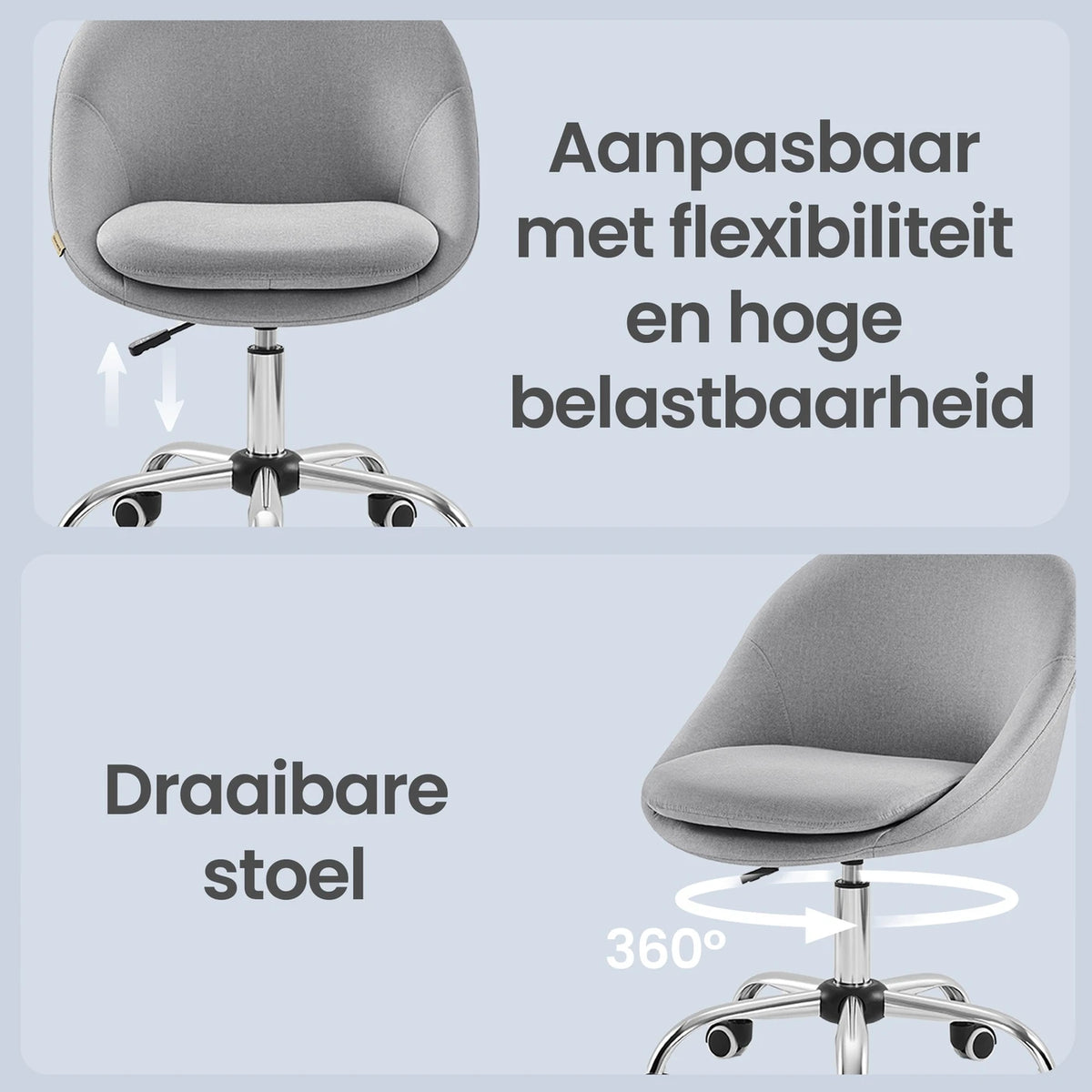 Ochama Bureaustoel - Grijs - Katoen-linnenmix - In Hoogte Verstelbaar - Draaibaar met Wielen - 60 x 60 x 80-90 cm