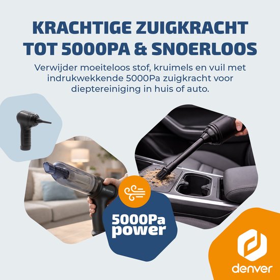 Denver Stofzuiger - Kruimeldief - Auto stofzuiger - Air Duster - 6 opzetstukken - Zuigen en blazen - Handstofzuiger - Stofreiniger - HVC45