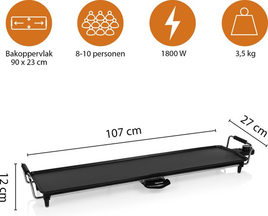 Tristar Bakplaat BP-2984 - Gourmet bakplaat XL - Grillplaat 90 cm - Voor 8 tot 10 personen - Met regelbare thermostaat - Anti-aanbaklaag - Extra lang snoer - Zwart