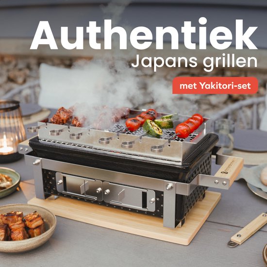 KitchenBrothers Kamado Hibachi Grill - PFAS Vrij - Met Grillrek en Stokjes - Houtskool Barbecue - Shichirin Tafelgrill - Rechthoekige BBQ - Keramische Barbecue - Zwart