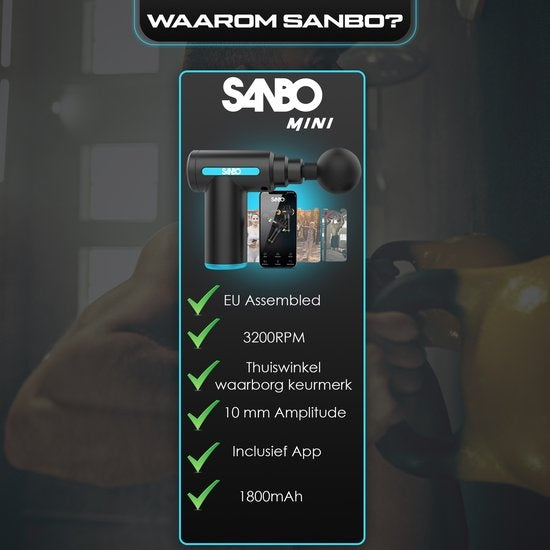 Sanbo Massage Gun Mini - Sport en Relax Massage apparaat - Krachtig - Draadloos - Inclusief Koffer - Met 5 opzetstukken - Zwart/Blauw - Massage Pistool Professioneel