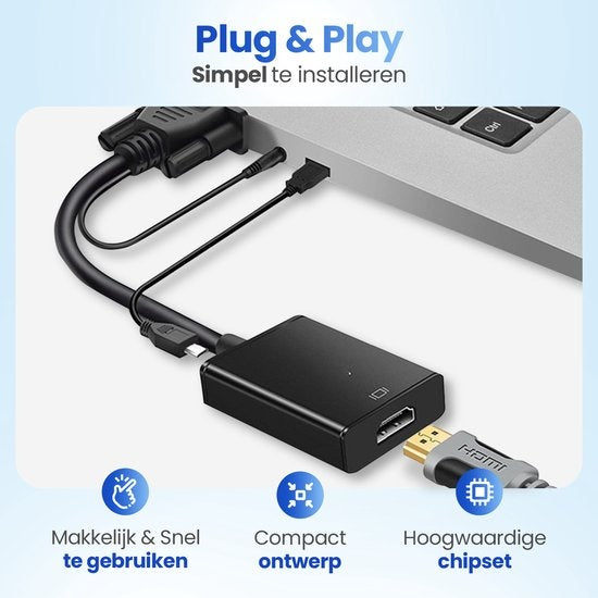 Garpex® VGA naar HDMI Adapter Converter - Universeel met 3.5mm Jack AUX & USB Voeding Kabel - Analoog naar Digitaal Video Omvormer - Male to Female - 1080p Full HD - Inclusief USB voedingskabel
